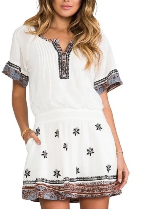 Free People Dresses & Skirts - Free People White Embroidered Boho Mini Dress with Blue-Brown Trim